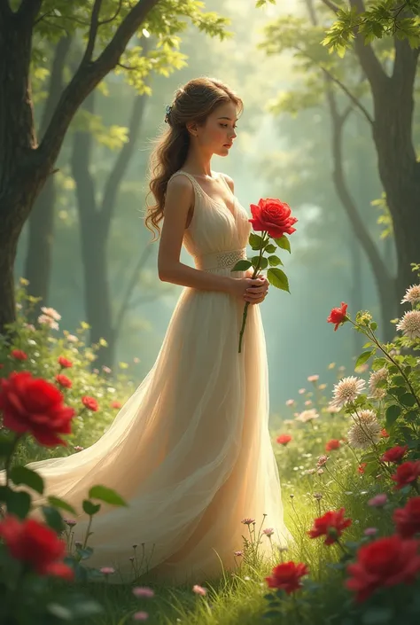 A beautiful girl in a frock in nature holding red rose