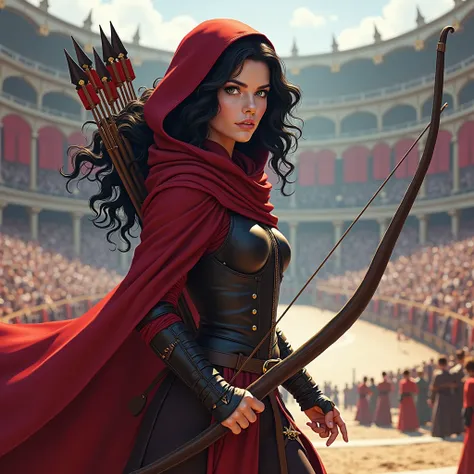 Lily Collins with black curly hair with red hood, medieval clothes, bow and arrow in hand, entering an arena landscape filled with bleachers and audience watching the illustration is detailed, smooth and bright, HD art by Citemer Liu