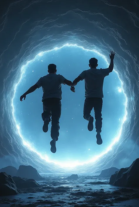 Two men one Latino wearing casual military clothes and another half Asian wearing futuristic clothes jumping in a wormhole with the universe in the dark background in 3D