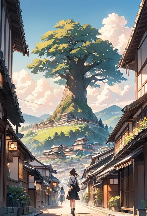 (best quality, masterpiece,) ,(simple line-art,with crisp outlines and clean line work,),A girl walking towards a giant tree, a japanese town landscape background, blue sky with white clouds, joy expression, a simple environment, natural lighting, magnific...