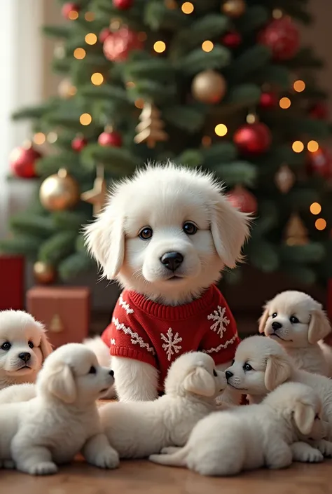 A real, ultra-large white puppy with christmas sweater under the tree with many puppy’s