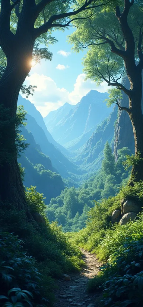 Create a magical forest scene focusing on lush green plants surrounded by a dark, shadowy foreground. The background features misty mountains under a bright, soft blue sky, with gentle sunlight illuminating the entire landscape. The lighting should be warm...