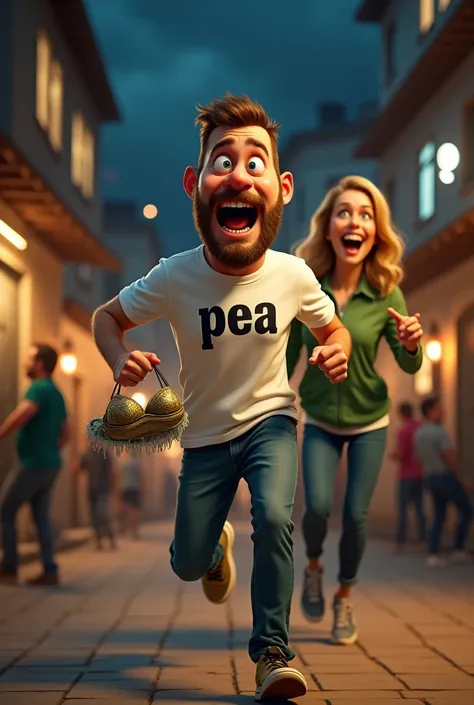 Cartoon of a man wearing a white t-shirt with the words &quot;Pea&quot; written on it carrying a BRA in his hand running with a scared expression at night., Behind him his wife appeared with an angry expression shouting, background in a crowded village, de...