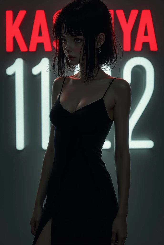 Create a pic of a girl.
She is wearing a black dress.
There is written kashiya 1122 behind him.