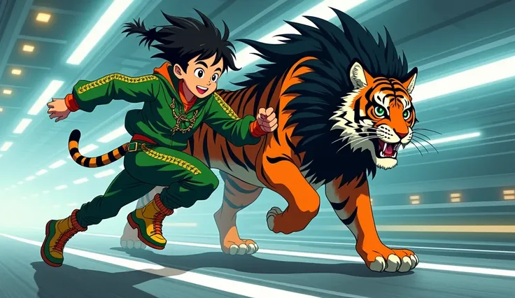 anime, nice drawing, boy, green speedster, ponytail boy speedo, red guys eye color, wearing a rappers outfit, next to a tiger with a black aura, below the bottom lab ground