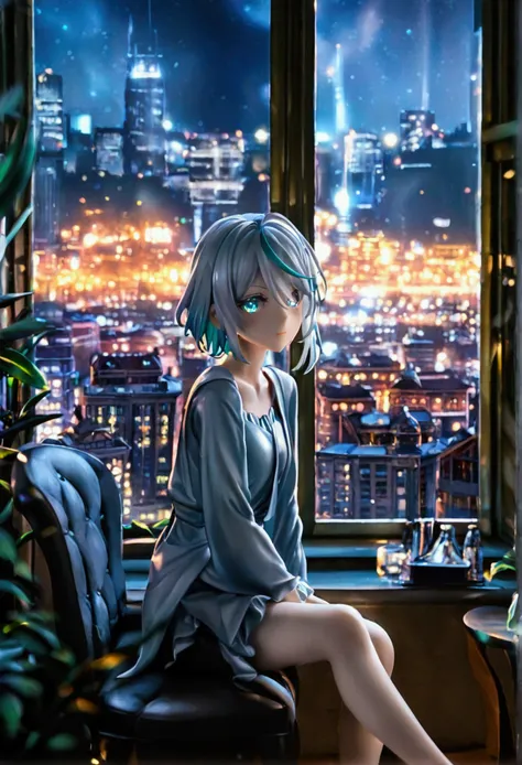 (masterpiece), best quality, cyan eyes, light grey hair, expressive eyes, jorhaya, i&#39;m sitting in a room in a high-rise apar...