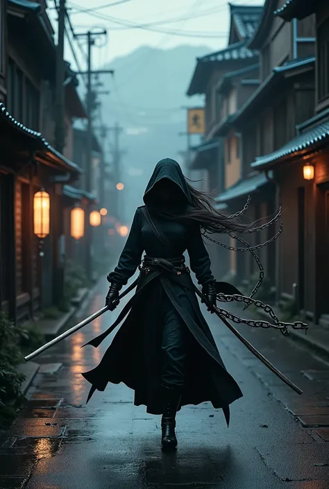 Kyoto cityscape、a female ninja in a dark atmosphere, chains flying out from all directions, chains as main weapon, randomized chain movements, chains flying towards the viewer, strong depth of field