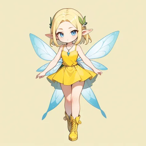 1 fairy elven girl, solo, full body, Thigh-raising posture. slicked-back blonde short hair, blue eyes. drooping thin Pointed Ears, half-closed eyes, silver necklace, yellow camisole, yellow mini skirt, yellow short boots, simple background