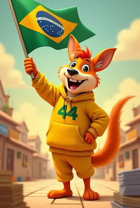 Create cartoon character dressed in yellow waving flag in election with number 44 on shirt and flag of Paraíba Campina Grande pb