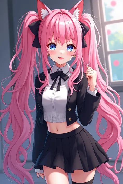 Cute, goth, Teen, High Resolution, Parted Bangs, Absurdly Long Hair, Pink Hair, Hair Over One Eye, high ponytails, Large breasts, Cat Ears, Earrings, Blush, , blue eyes, red lips, Looking at viewer, Hair Ribbon, black white crop top, black miniskirtSmile, ...