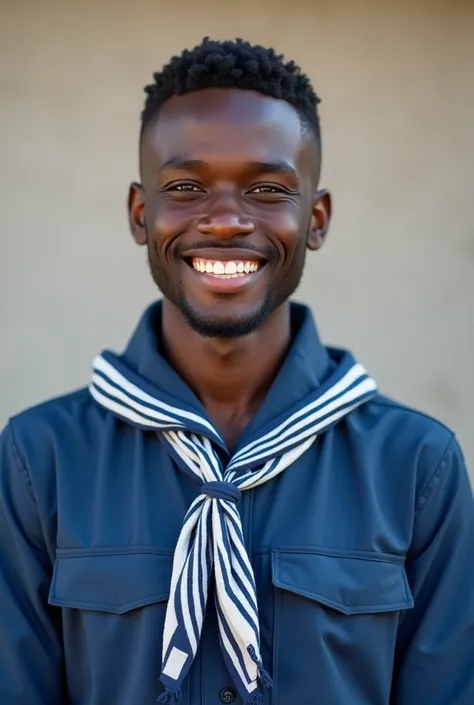 An African-descendant man, short hair, smiling, with blue scout clothing and blue scout scarf with white hem

