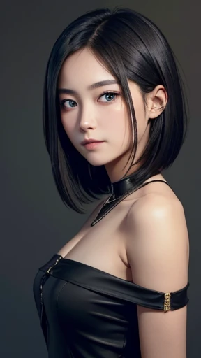 a girl who has short, beautiful shoulder-length hair and eyes that have the impression of a sharp gaze and has a cheeky and indifferent facial gesture