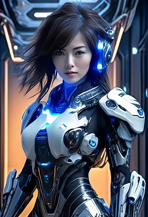 a woman wearing exoskeleton cyber armor, the armor fits snugly、she has a plasma gun in her hand., full body portrait, maximum de...