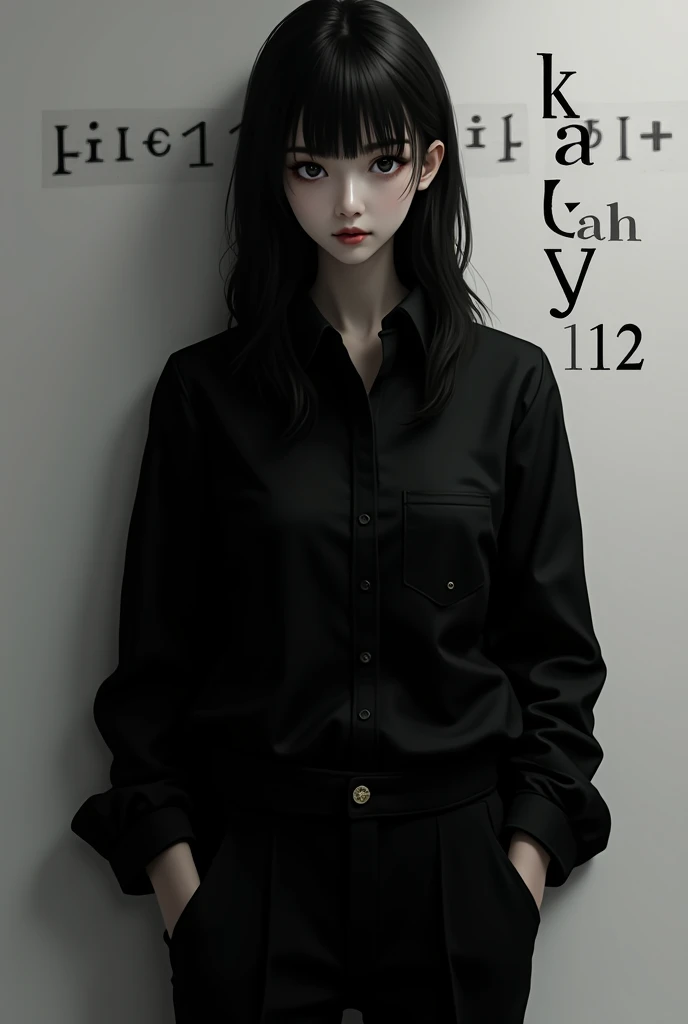 Create a pic of a girl.
She is wearing full black clothes.
A black shirt and a black pent.
There is written kashiya 1122 behind him.
