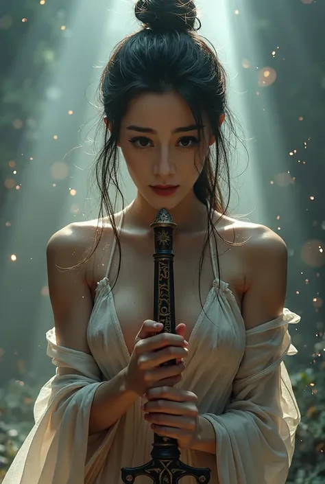 (Close up, looking up at viewer, facing viewer), digital art ilustration, depth of field, cinematic light, chiarosaurio, mist, particles, sparks,reflections, a female princess (Disney princess Mulan), ((Dilraba Dilmurat)), extremely sexy, fully naked holdi...