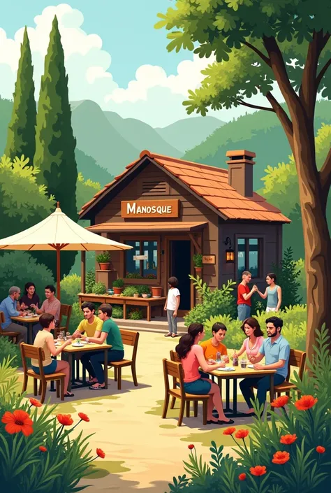  créer une illustration pour un restaurant bio et local nommé "Manosque season", imagine a scene that evokes both nature, la fraîcheur et la convivialité
