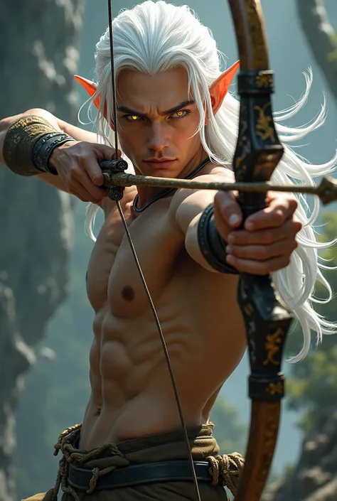 Handsome face golden eyes hunter eyes male elf shooting arrow shirtless white hair