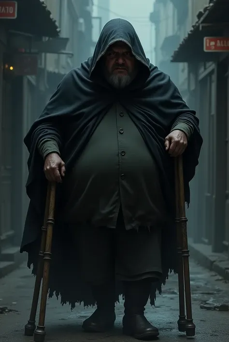 FAT MAN WITH BLACK HOOD ON CRUTCHES