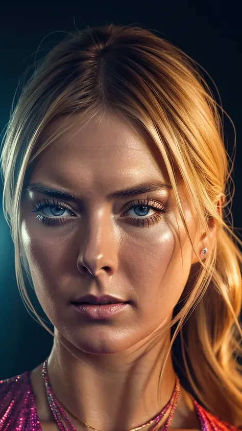 maria sharapova, exquisite detailed facial features, high cheekbones, full lips, long lashes, glamorous hairstyle, flawless skin, elegant pose, dramatic lighting, cinematic camera angle, high fashion editorial, editorial style, vibrant colors, glossy, mast...