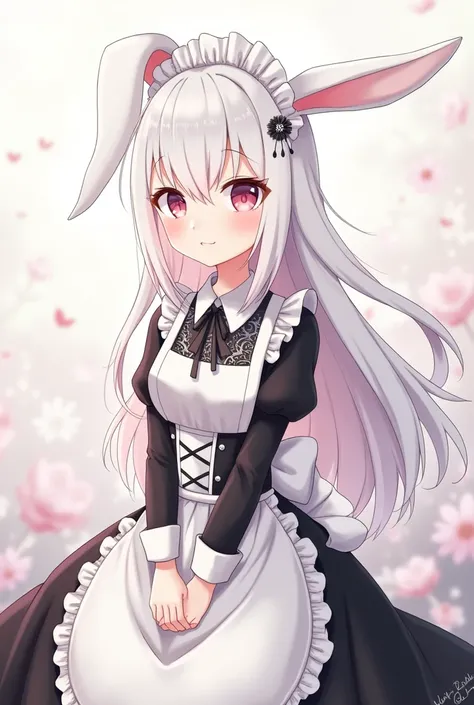 Make me a white long hair with a white hat and black maid costume bunny anime girl 