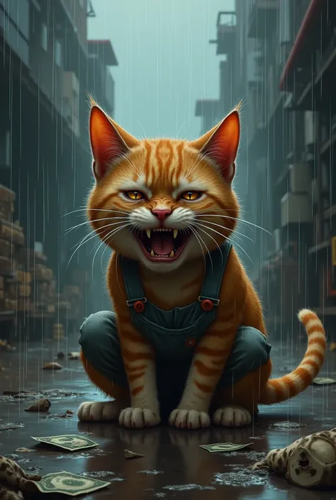 A labour cat  is working  at labour place and heavy rain  suddenly  started and cat is weeping  loudly  and eyes full of tears and sitting in kneeling  position 
Other cat help labour cat with money 