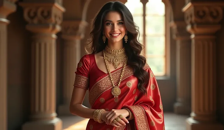 (photorealism:1.2) gorgeous russian soft girl complete pose with smile wearing gold jewellery stand infront of castel,wearing Indian bridal saree and pure gold jewellery,long curly hair, indoors, soft lighting, window with sunl, castle room, relaxed pose, ...