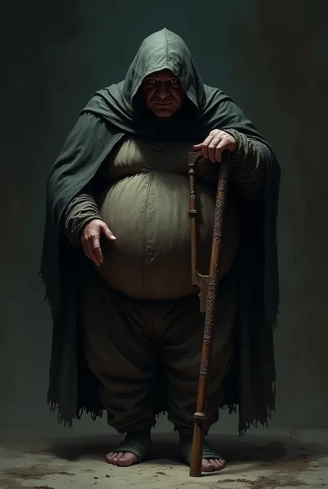 FAT MAN WITH BLACK HOOD ON A CRUTCH 