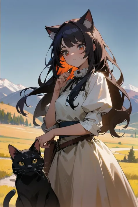 (absurdres), pretty girl, upper body,  slim body, perfect body, cat ear, frill dress, gal, long hair, mini skir, 1900s western movie, rocky mountain, footpath, village, plain, [Fisheye lens:0.5], [looking away:0.4], gunfight, dusk