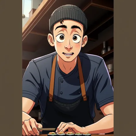 Young Chef, white man without beard, thin build. Makes sushi and rolls of Japanese cuisine. Dressed in a chef&#39;s jacket, on the head is a short knitted black cap. Pixar, 