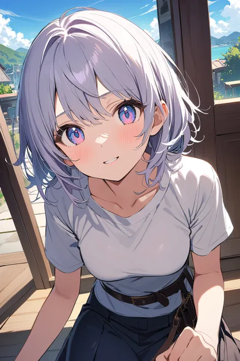 (masterpiece, best quality:1.5), (ultra detailed, high resolution, 8k, very detailed, picturesque, open in anime style photo, photo anime:1.37), white hair, rainbow hair, medium breasts, one cool girl, full body shot, y-shirt, beautiful japanese woman