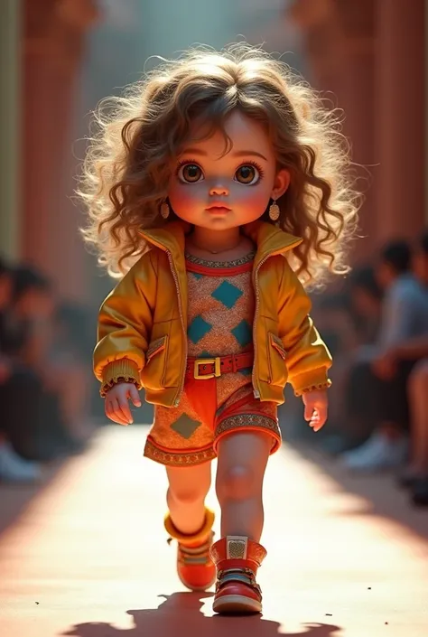 an adorable, real  baby, looking like the singer, Sandra Cretu, wearing the same 80s style of clothing, the same style of shoes she wore back then, the same haircut, the same color she wore in the 80s, long, wavy hair, with the same hairstyle, the baby wal...