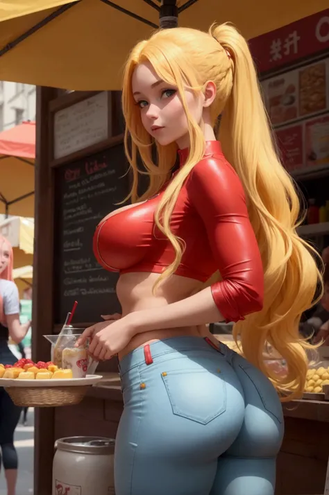 young girls eating at a street stall tiny red jeans .  top minusculo  celeste. Athletic bodies slim big breasts big buttocks long yellow hair catwalk hairstyle 