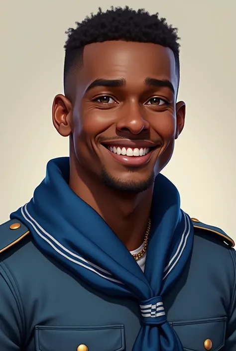 An African-descendant man, looking like the player Amaral, with wide noses, short military style hair, smiling, with blue scout clothing and blue scout scarf with white hem

