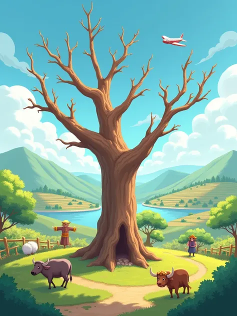 A dry tree trunk，Takes center of screen，A few dry leaves are left on the branches，windmill，ox，sheep，scarecrow，Two lakes, Many fields，Planted many plants，A plane flew over the scene，Overlooking，Q version，cute，Game architecture design，Casual game style，Maste...