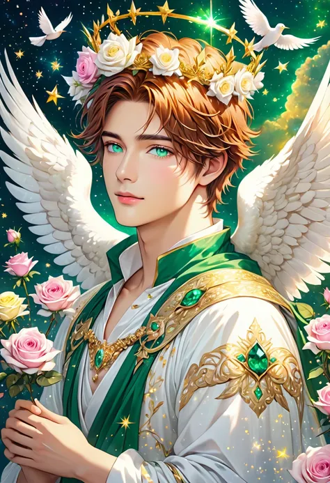 a handsome male angel with white wings spread on his back, auburn short hair, wearing a crown of white roses, mysterious emerald green eyes, a white bird perched on his hand, yellow and pink roses, twinkling stars, mystical universe, magical, fantasy, divi...