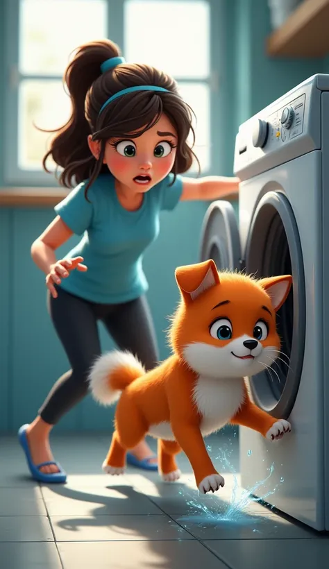 Anas mother, who heard Mimis voice, immediately ran to the laundry room. With a panicked face, he quickly stopped the washing machine. Still wearing a blue t-shirt and black trousers, he opened the machine door quickly. Mimi, with her orange-white fur soak...