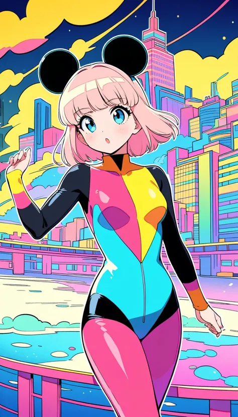 Masterpiece, top quality, beautiful to the last detail, highly detailed, detailed, high resolution, perfect anatomy, colourful, pastel colours, one girl with Mickey catsuit, one person, (city pop illustration), (city pop art), simple background, retro styl...