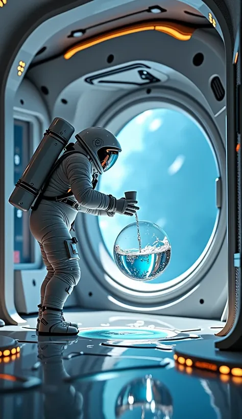 In the spacecraft, an astronaut pours water from a cup、It floats round due to surface tension in the absence of gravity