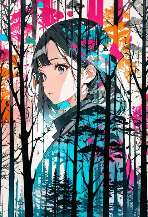 (masterpiece, best quality),(double exposure: 1.2), woodblock print collage depicting,(A tween girl,very big forest),she is surrounded by trees and branches symbols,splash color, collage art, contemporary art,