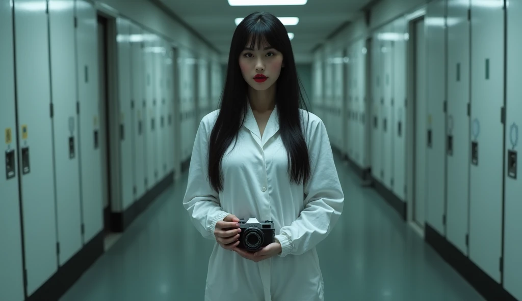 A beautiful Russian woman, eighteen years old, with long, straight black hair, cobalt blue eyes, white skin, blushing cheeks and red lips, Big breasted, with a white polypropylene jumpsuit glued to the body , with a camera in hand, in a morgue