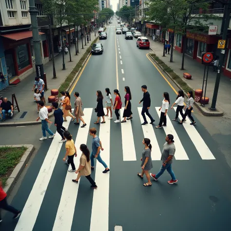 one foto em visão um pouco elevada de pessoas atravessando a rua sobre one one elevação, one "spine" painted as a pedestrian crossing in the city of São Paulo.