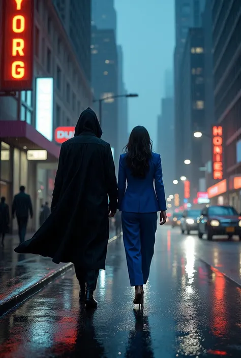 Draw a Ninja walking at night in the rain in the streets of New York City with his girlfriend in a blue suit,