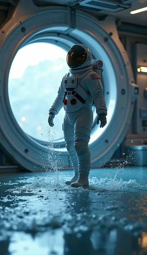 There is an astronaut in a spaceship、Right before my eyes, the water floats in tiny balls due to the surface tension of gravity.