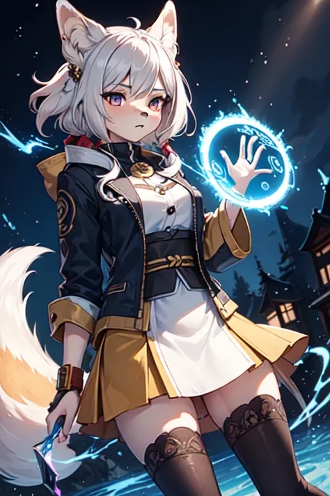 1girl, fox, red fox, furry, anthro, japanese clothes, white hair, purple eyes, magic circle, blue fire, blue flames, wallpaper, landscape, depth of field, night, light particles, light rays, side lighting, thighs, fate (series), genshin impact, ****, open ...