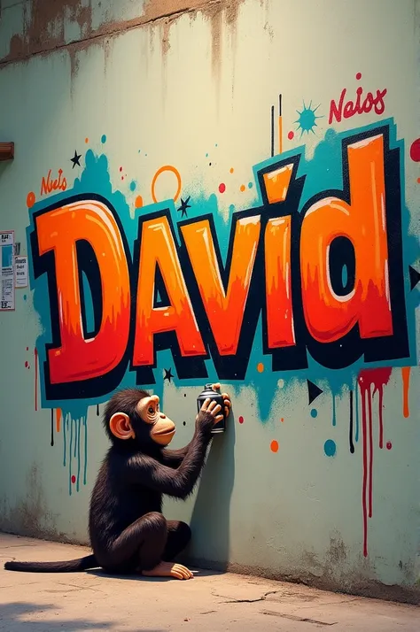 Name David in graffiti on the wall with a monkey writing 