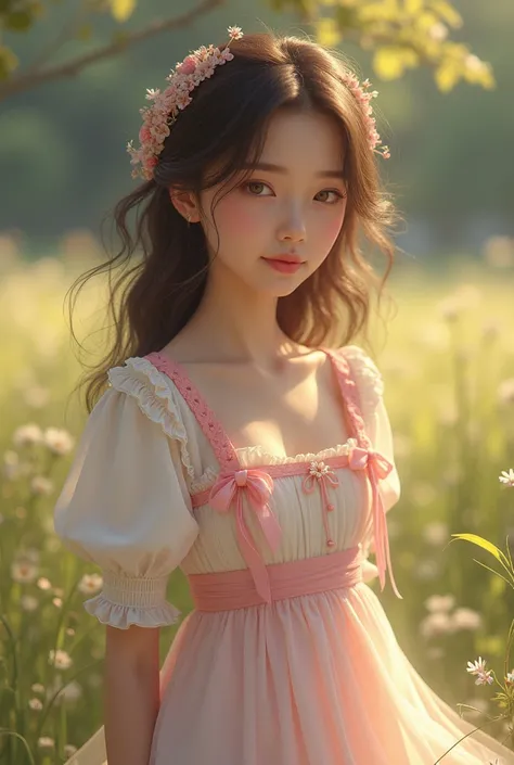 a cute milkmaid dress with pink ribbons worn by a brunette with mid length hair