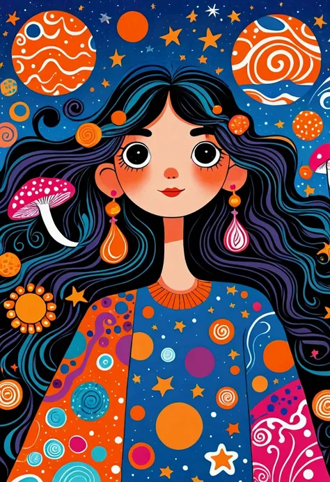 Colorful psychedelic illustration of a character with long wavy dark hair adorned with vibrant patterns. The background features whimsical elements like planets, mushrooms, stars, and swirling shapes. The character is wearing a blue outfit with various ora...