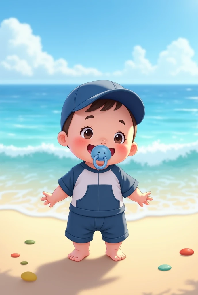  happy on the beach in dark blue and white clothes, blue cap and pacifier