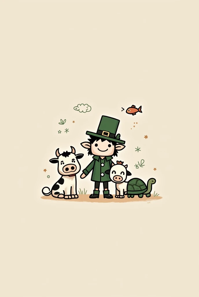 A minimalist tattoo design of a leprechaun and a cow and a puppy and a turtle and a little fish