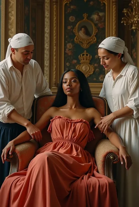 Renaissance painting of a straight-haired black woman in youthful clothing in a lounge chair and white people serving her 